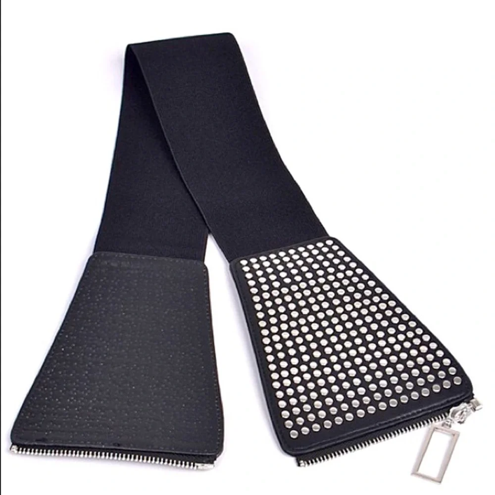 Black Leather Wide Elastic Studded Waist Statement Belt